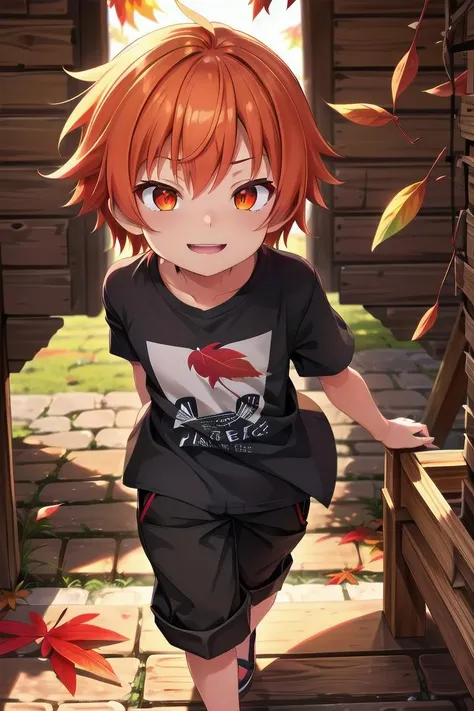 <lora:cutifiedanimecharacterdesign_variant_type_B_SD_v10:0.7>
one boy standing alone in a wooden village, eyes are orange, hair is short has orange color, wearing a t-shirt and black box pants, autumn leaves,
full body, looking at viewer, smile, male focus
The soft lighting and detailed surroundings create an immersive environment where imagination runs wild,
hyper-detailed, high quality visuals, dim Lighting, ultra-realistic, sharply focused, octane render, 8k UHD