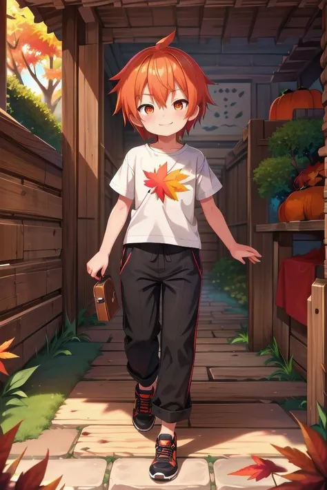 <lora:cutifiedanimecharacterdesign_variant_type_B_SD_v10:0.7>
one boy standing alone in a wooden village, eyes are orange, hair is short has orange color, wearing a t-shirt and black box pants, autumn leaves,
full body, looking at viewer, smile, male focus
The soft lighting and detailed surroundings create an immersive environment where imagination runs wild,
hyper-detailed, high quality visuals, dim Lighting, ultra-realistic, sharply focused, octane render, 8k UHD
