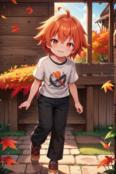 <lora:cutifiedanimecharacterdesign_variant_type_B_SD_v10:0.7>
one boy standing alone in a wooden village, eyes are orange, hair is short has orange color, wearing a t-shirt and black box pants, autumn leaves,
full body, looking at viewer, smile, male focus
The soft lighting and detailed surroundings create an immersive environment where imagination runs wild,
hyper-detailed, high quality visuals, dim Lighting, ultra-realistic, sharply focused, octane render, 8k UHD