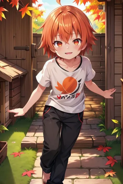 <lora:cutifiedanimecharacterdesign_variant_type_B_SD_v10:0.7>
one boy standing alone in a wooden village,  eyes are orange,  hair is short has orange color, wearing a t-shirt and black box pants, autumn leaves,
full body, looking at viewer, smile, male focus
The soft lighting and detailed surroundings create an immersive environment where imagination runs wild,
hyper-detailed, high quality visuals, dim Lighting, ultra-realistic, sharply focused, octane render, 8k UHD