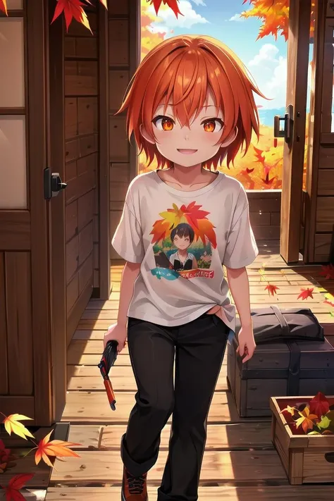 <lora:cutifiedanimecharacterdesign_variant_type_B_SD_v10:0.7>
one boy standing alone in a wooden village, eyes are orange, hair is short has orange color, wearing a t-shirt and black box pants, autumn leaves,
full body, looking at viewer, smile, male focus
The soft lighting and detailed surroundings create an immersive environment where imagination runs wild,
hyper-detailed, high quality visuals, dim Lighting, ultra-realistic, sharply focused, octane render, 8k UHD