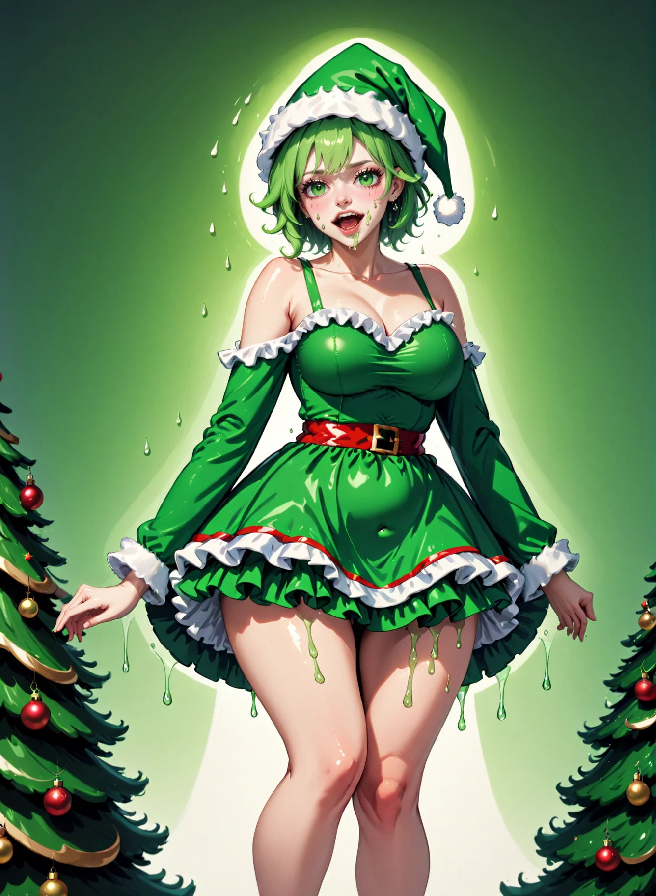Woman in a green santa costume, santa hat, green frilled skirt, christmas theme, sexy, skimpy, green, trees, dripping, sneezing, fashion photography pose, Rembrandt lighting, teamgreenstyle, <lora:TeamGreenSDXL:0.8>,