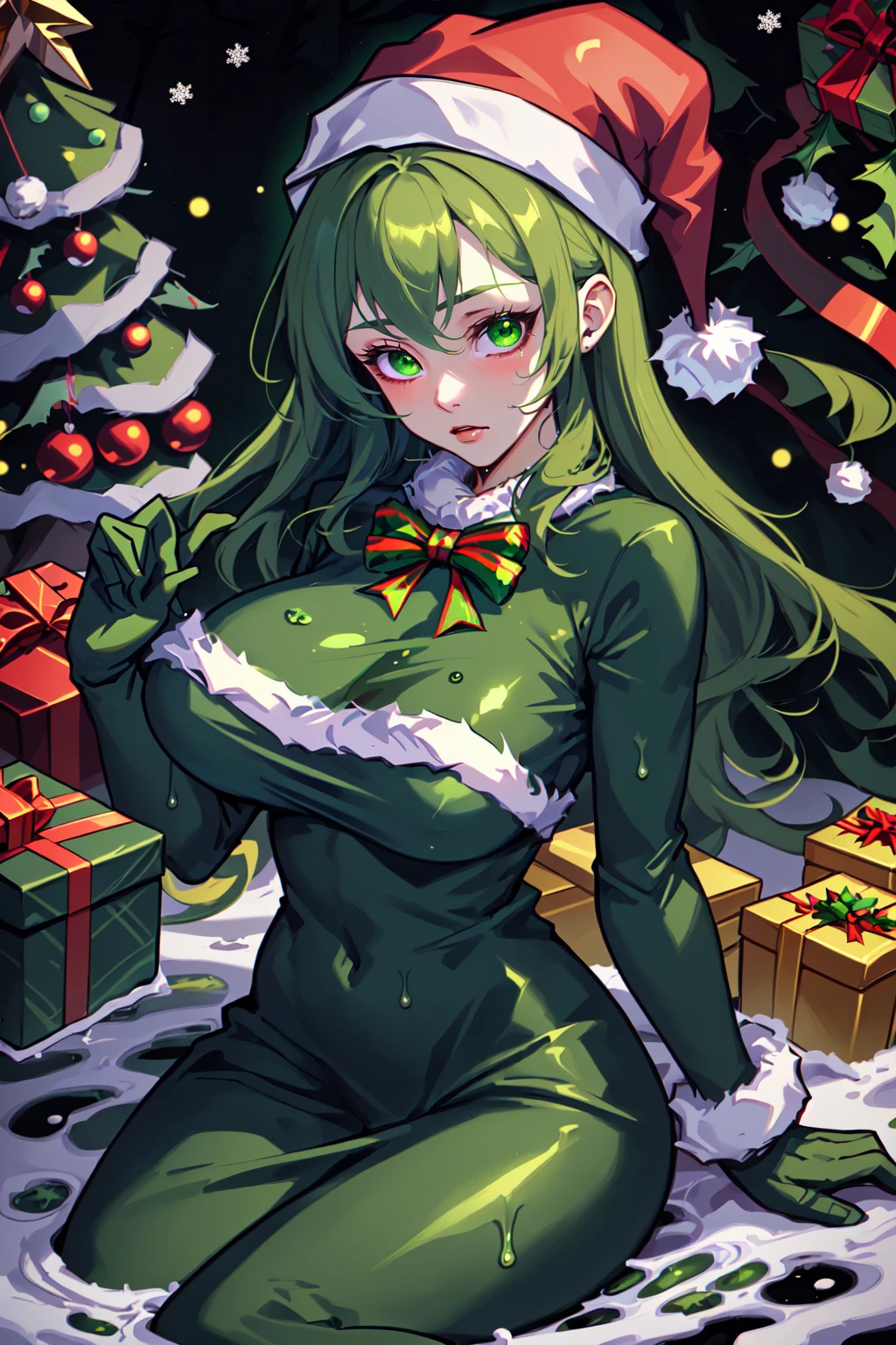 Woman in a green santa suit, christmas theme, dripping, green, trees, teamgreenstyle, <lora:TeamGreenStyle:0.8>