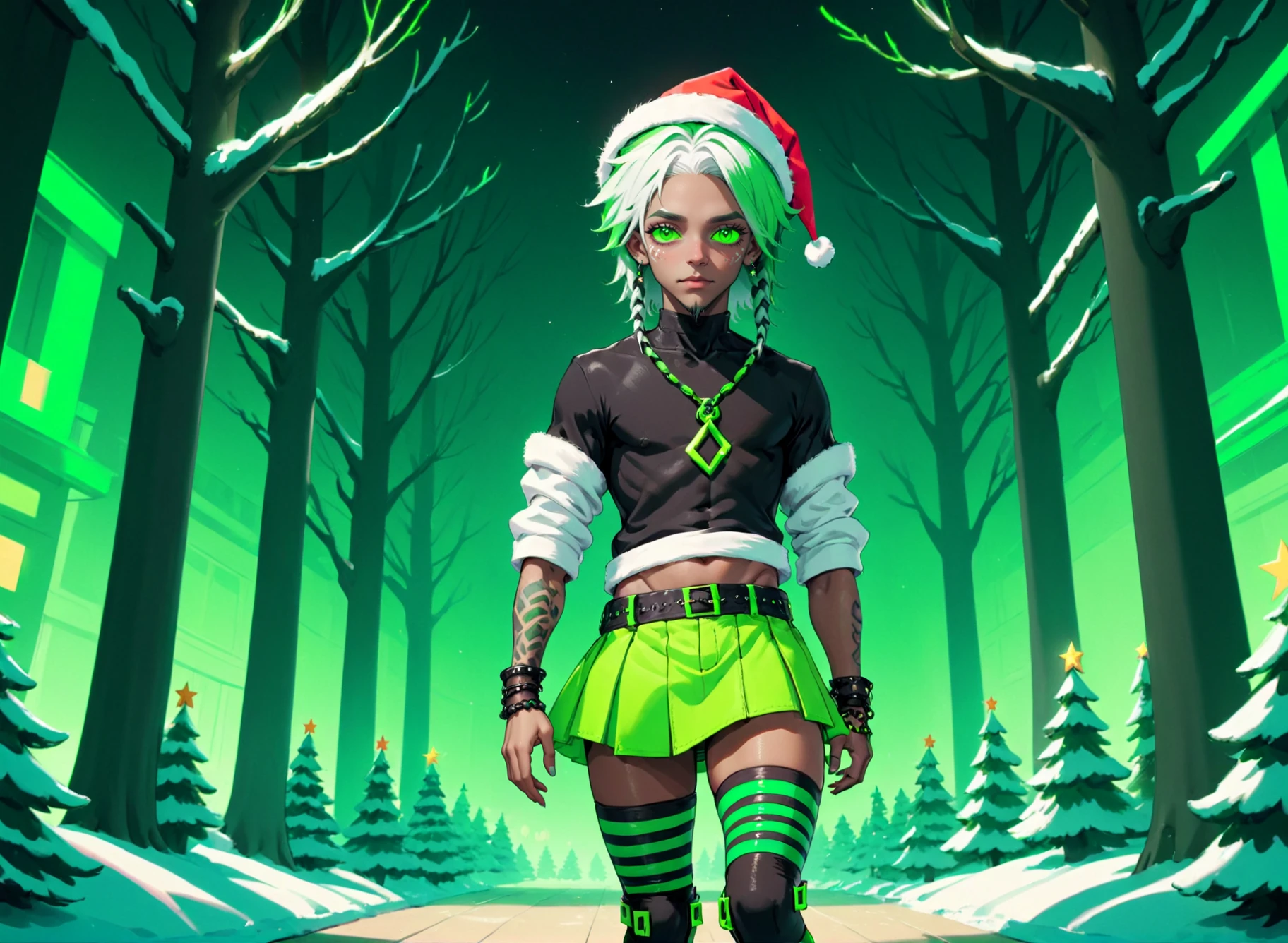 genderless, Man in a green cybergoth costume, braids, dreadlocks, gradient hair, two tone hair, white hair, green hair, makeup, eyeliner, santa hat, neon green miniskirt, christmas theme, green, trees, Rembrandt lighting, teamgreenstyle, dutch angle, 4 point perspective, <lora:TeamGreenSDXL:0.5>