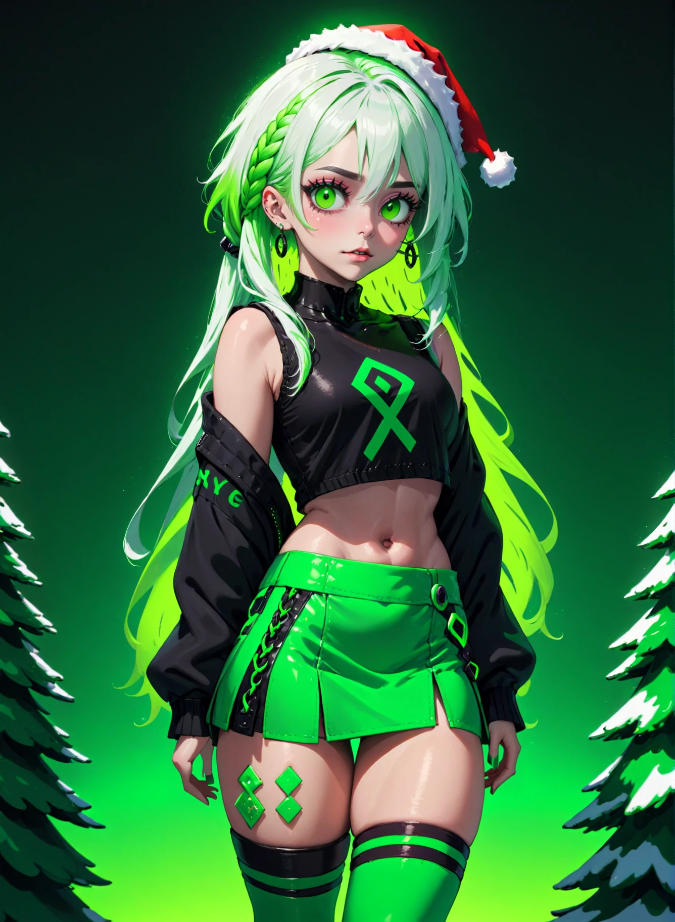Woman in a green cybergoth costume, gradient hair, two tone hair, white hair, green hair, braids, dreadlocks, makeup, eyeliner, santa hat, neon green miniskirt, christmas theme, green, trees, Rembrandt lighting, teamgreenstyle, dutch angle, 4 point perspective, <lora:TeamGreenSDXL:0.8>