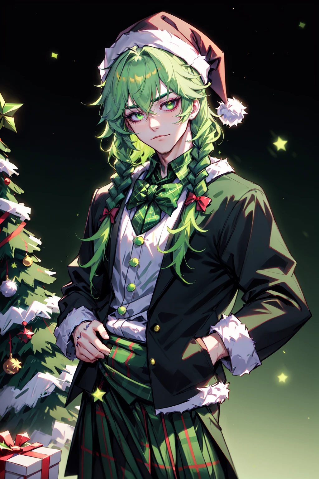genderless, Man in a green cybergoth costume, braids, dreadlocks, gradient hair, two tone hair, white hair, green hair, makeup, eyeliner, santa hat, neon green plaid kilt, christmas theme, green, trees, Rembrandt lighting, teamgreenstyle, dutch angle, 4 point perspective, <lora:TeamGreenStyle:0.8>