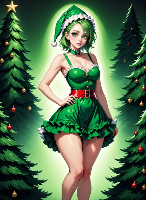 Woman in a green santa costume, santa hat, green frilled skirt, christmas theme, sexy, skimpy, green, trees, fashion photography pose, Rembrandt lighting, teamgreenstyle, <lora:TeamGreenSDXL:0.8>,