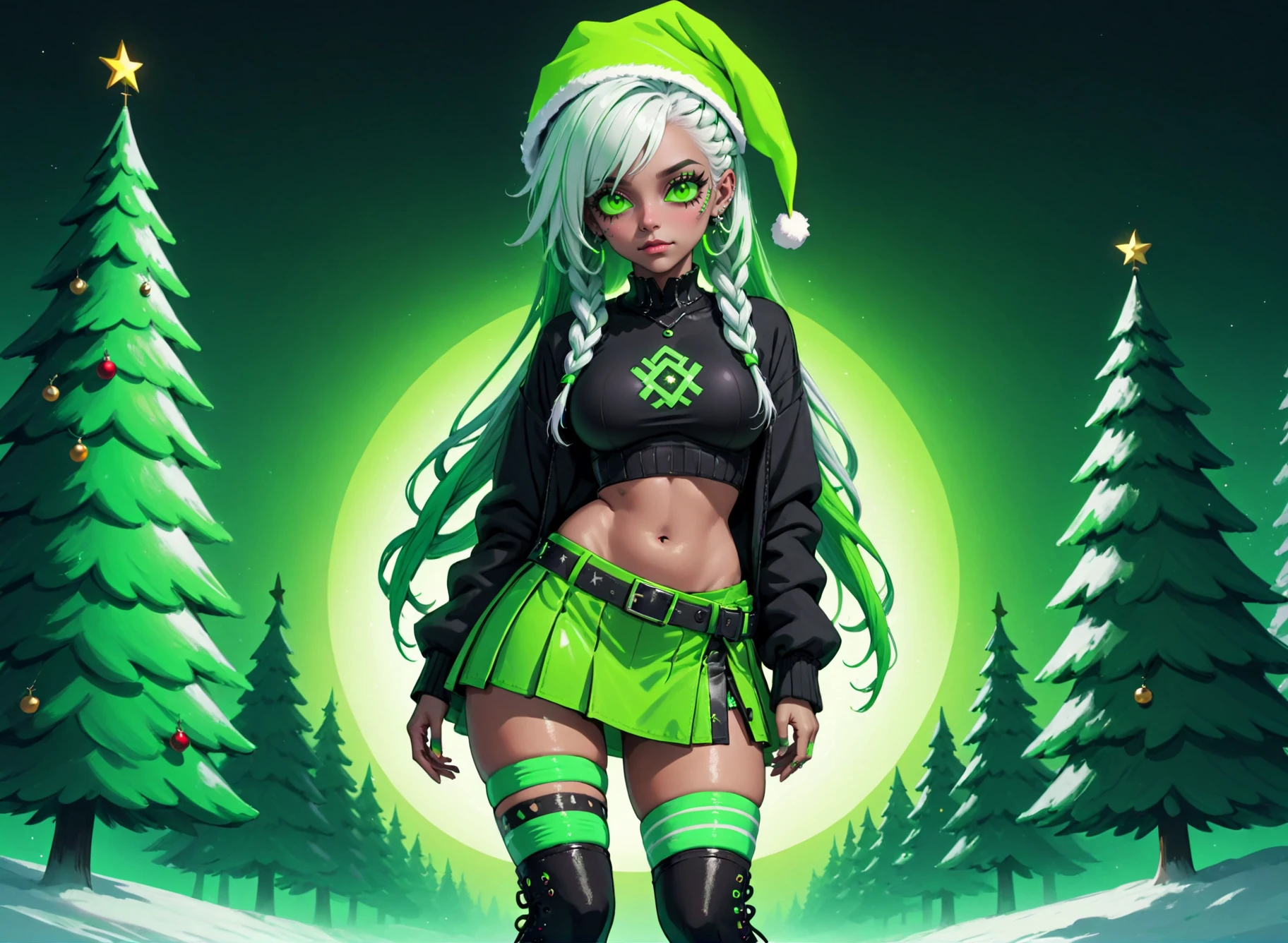 Woman in a green cybergoth costume, braids, dreadlocks, gradient hair, two tone hair, white hair, green hair, makeup, eyeliner, santa hat, neon green miniskirt, christmas theme, green, trees, Rembrandt lighting, teamgreenstyle, dutch angle, 4 point perspective, <lora:TeamGreenSDXL:0.5>