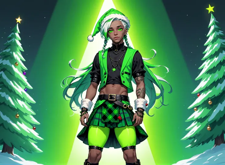 genderless, Man in a green cybergoth costume, braids, dreadlocks, gradient hair, two tone hair, white hair, green hair, makeup, eyeliner, santa hat, neon green plaid kilt, christmas theme, green, trees, Rembrandt lighting, teamgreenstyle, dutch angle, 4 point perspective, <lora:TeamGreenSDXL:0.5>