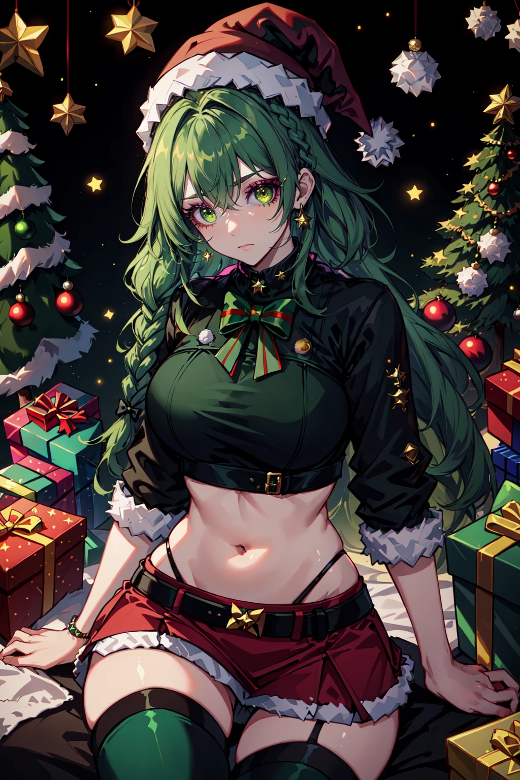 Woman in a green cybergoth costume, braids, dreadlocks, makeup, eyeliner, santa hat, neon green miniskirt, christmas theme, green, trees, Rembrandt lighting, teamgreenstyle, dutch angle, 4 point perspective,, <lora:TeamGreenStyle:0.8>