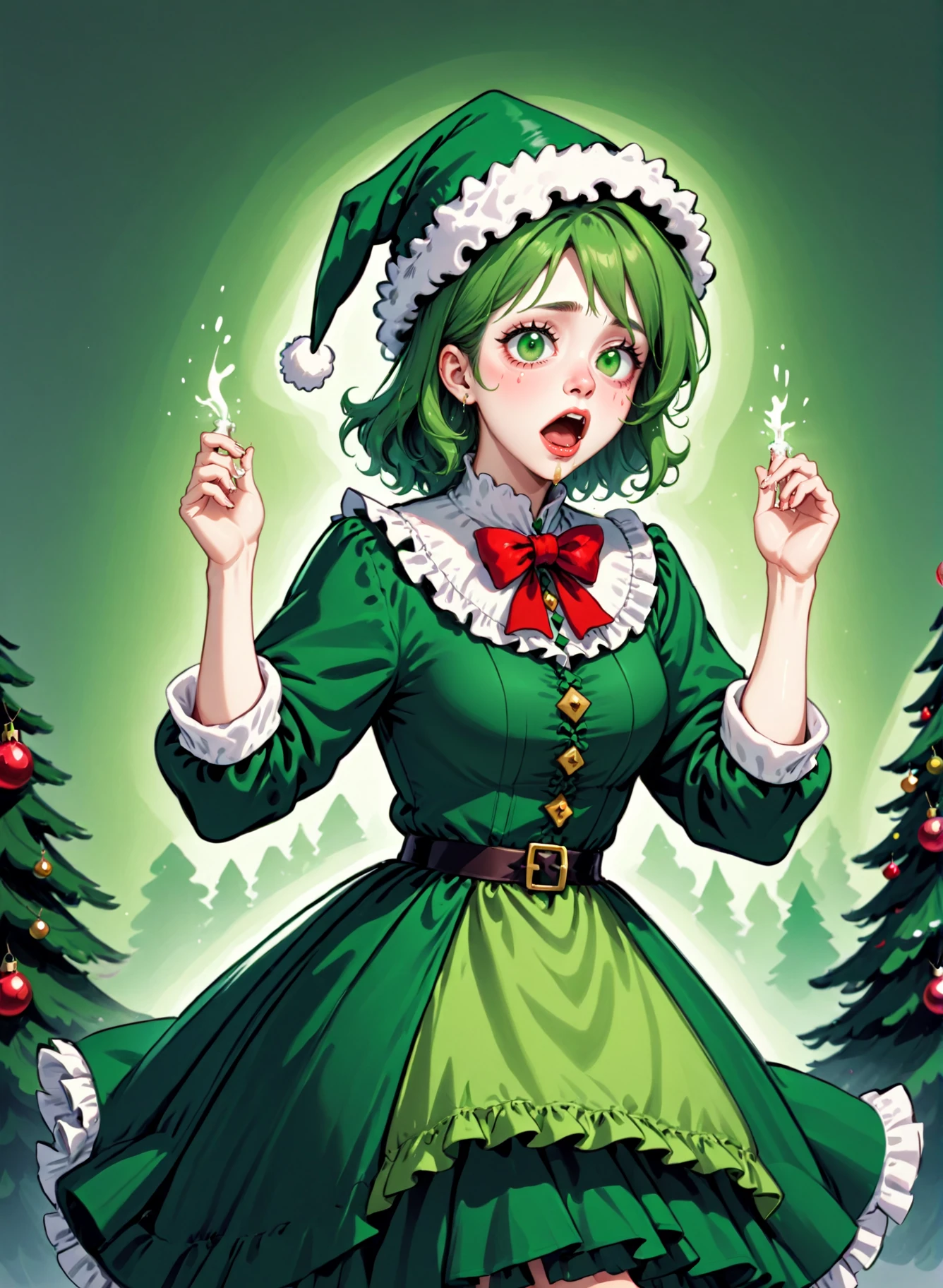 Woman in a green victorian costume, santa hat, green frilled skirt, sneezing, nose leak, dripping, it's allergies season and she can't contain her mucus, christmas theme, green, trees, Rembrandt lighting, teamgreenstyle, <lora:TeamGreenSDXL:0.8>