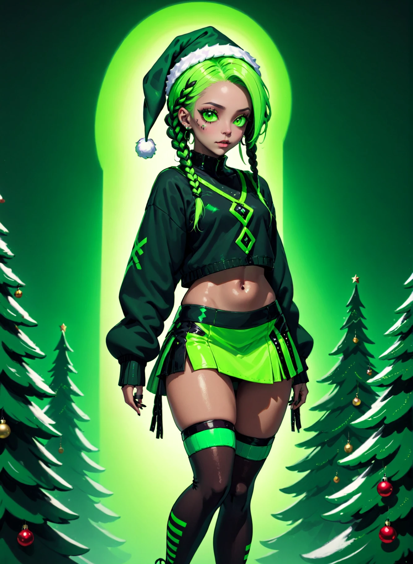 Woman in a green cybergoth costume, braids, dreadlocks, makeup, eyeliner, santa hat, neon green miniskirt, christmas theme, green, trees, Rembrandt lighting, teamgreenstyle, dutch angle, 4 point perspective, <lora:TeamGreenSDXL:0.8>