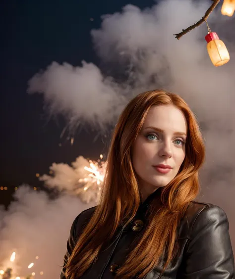 portrait shot of , realistic, ,  <lora:quiron_simoneSimons_v5_Lycoris:1> SimoneSimonsQuiron woman, simone, simons, makeup,  Sitting, lying, on back,   ,
,, festival party, lights, fireworks,  chinese festival, crowded, new year celebration ,  
east asian architecture,    paper lantern, realistic, , red (Chinese lanterns ) in background, fog,  fireworks and fog  far background, fire, lighting,   intricate detailed,. Close-up, eyes on camera, clear, sharp