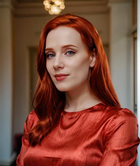 cinematic photo  <lora:quiron_simoneSimons_v5_Lycoris:0.87> SimoneSimonsQuiron woman, red hair, simone, simons, makeup,  Heroic stance,  . 35mm photograph, film, bokeh, professional, 4k, highly detailed