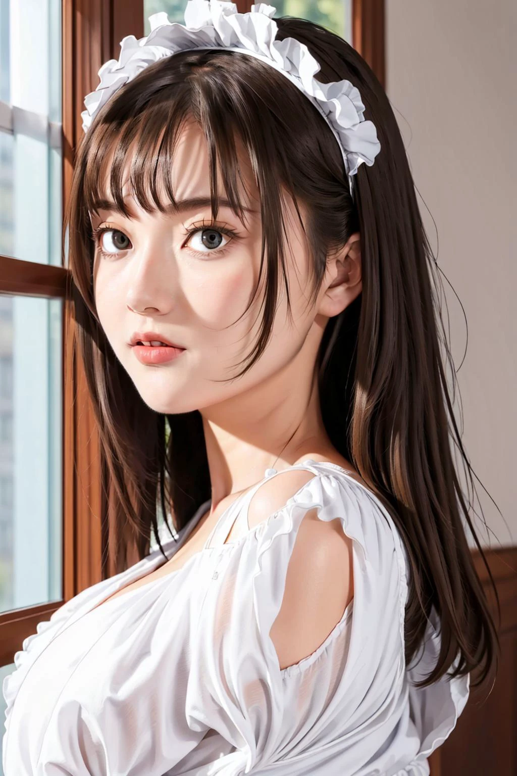 (day),bedroom,high rise apartment, windows,
dynamic pose,
black shirt,black puffy sleeves,black long sleeves, Closed_clothes,
<lora:Rurikawa_Tsubaki_MaidEducation-KK77-V1:0.7>,maid,
brown hair,blue eyes,Bangs,Short hair, maid headdress,
,<lora:more_details:0.1>,
1 girl, 18yo,Young female,Beautiful long legs,Beautiful body,
Beautiful Nose,Beautiful character design, perfect eyes, perfect face,expressive eyes,perfect balance,
looking at viewer,closed mouth, (innocent_big_eyes:1.3),(Light_Smile:0.3),
official art,extremely detailed CG unity 8k wallpaper, perfect lighting,Colorful, Bright_Front_face_Lighting,White skin,
(masterpiece:1.0),(best_quality:1.0), ultra high res,4K,ultra-detailed,
photography, 8K, HDR, highres, absurdres:1.2, Kodak portra 400, film grain, blurry background, bokeh:1.2, lens flare, (vibrant_color:1.2),professional photograph,
(Beautiful,huge_Breasts:1.6), (beautiful_face:1.5),(narrow_waist),