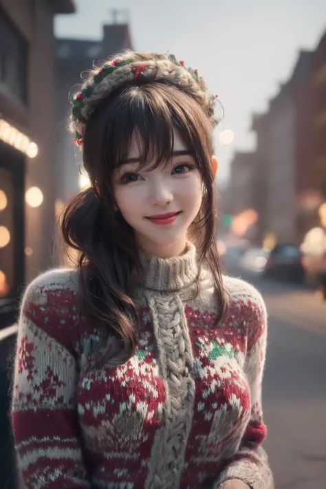 beautiful_mistake-6500,realistic_(masterpiece, best quality:1.2), christmassweater, christmas,beautiful face,smile,dynamic detailed, sweater, long sleeves, outdoors <lora:world_christmassweater-20:0.8>