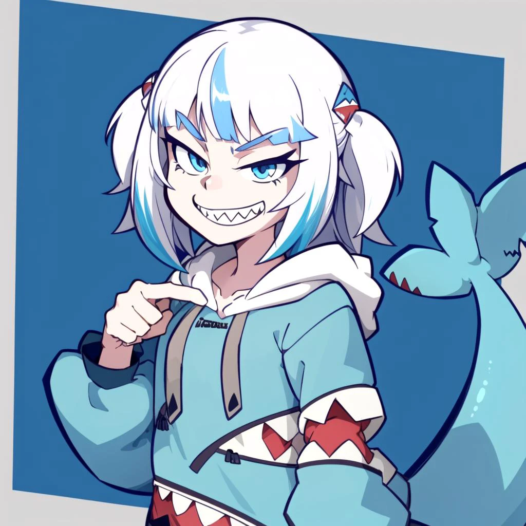 flat colors, 1girl, multicolored hair , blue eyes,smile, <lora:gawrGura:0.6> gawr gura, shark girl, shark tail, shark print, blue hoodie, sharp teeth, animal hood,white hair, blue hair strands,
<lora:CrispyChipsStyle:0.8>,