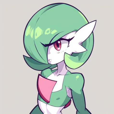 <lora:gardevoir_V2:0.9>, (green hair:1.3), green skin , hair over one eye, multicolored skin, pokemon \(creature\), red eyes, short hair, two-tone skin, white skin,
<lora:CrispyChipsStyle:0.8>