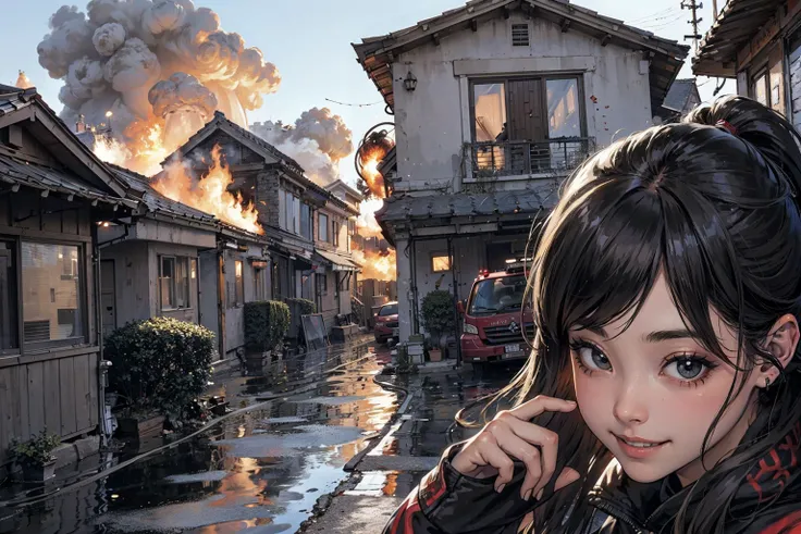 girl smiling, close mouth, one house_burning in background, meme, firemen, street, beautiful face