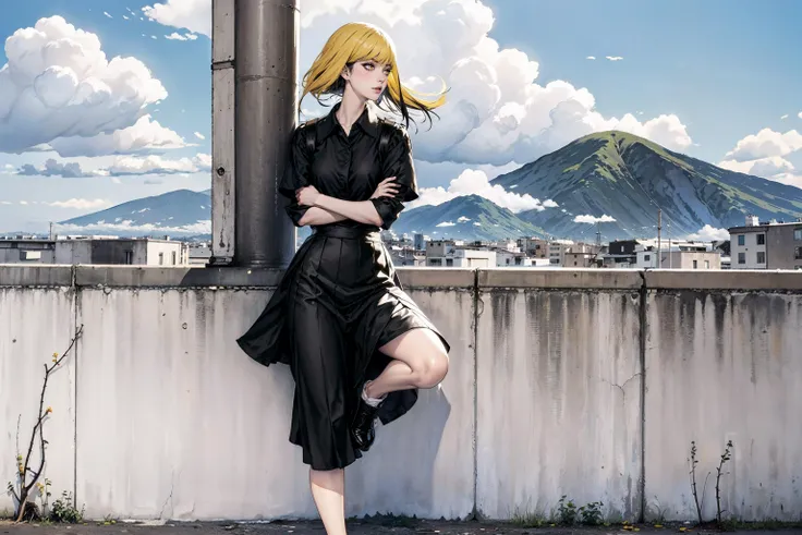 1girl, black_hair, mediul hair, yellow eyes, pale skin, makeup, multicolored hair, grey collared shirt, black skirt, standing, running, blue sky, cloud, sunny, leaning against wall,