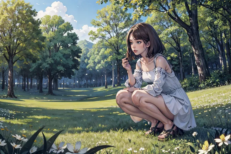 1girl, crouching, white_dress, brown_hair, green_eyes, clover field, trees, blue_sky, cloud, sunny,