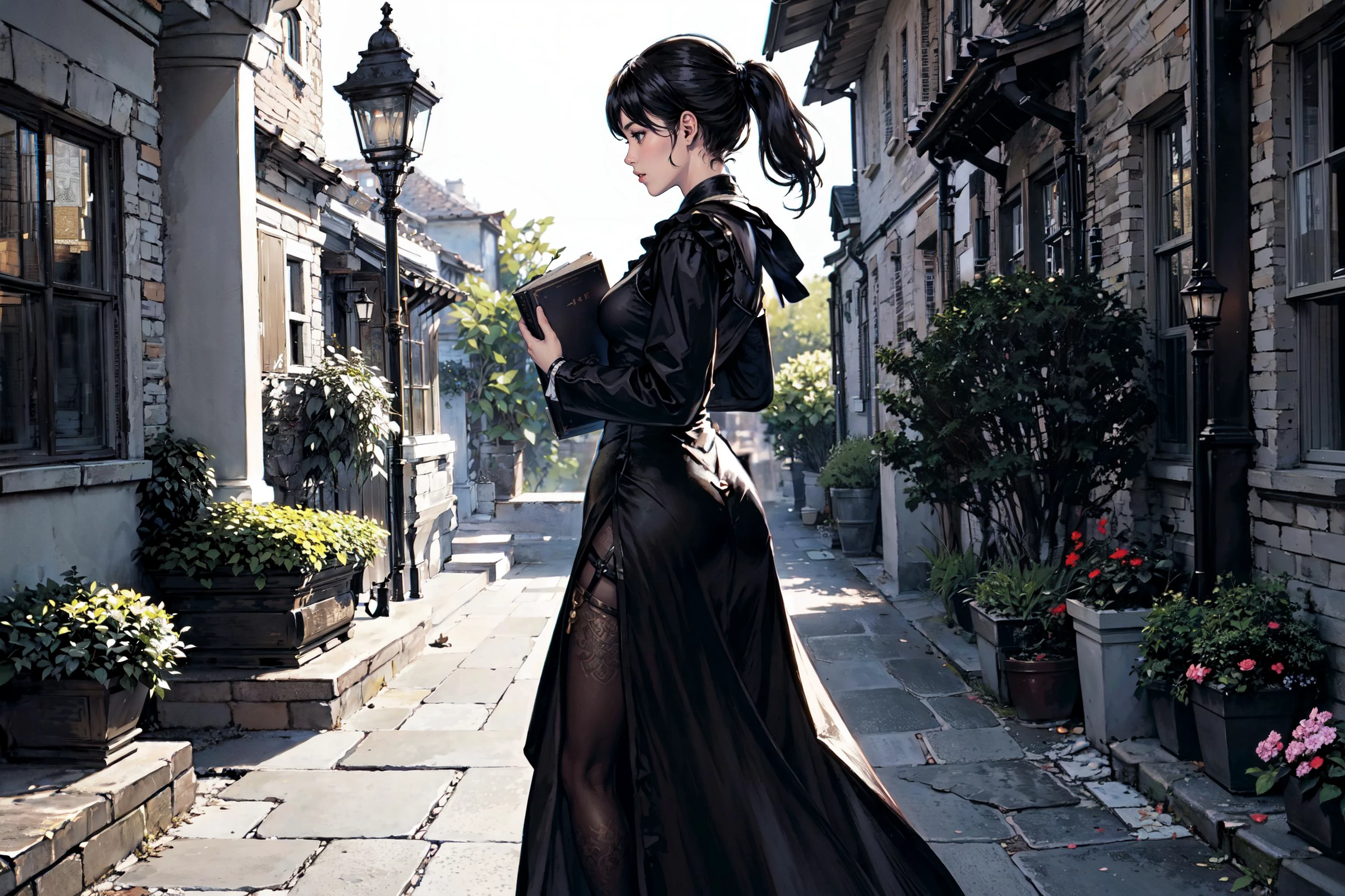 1girl, solo, student, black_dress, gown, from side, walking, holding books, garden, fantasy, beautiful lighting, outisde, yard