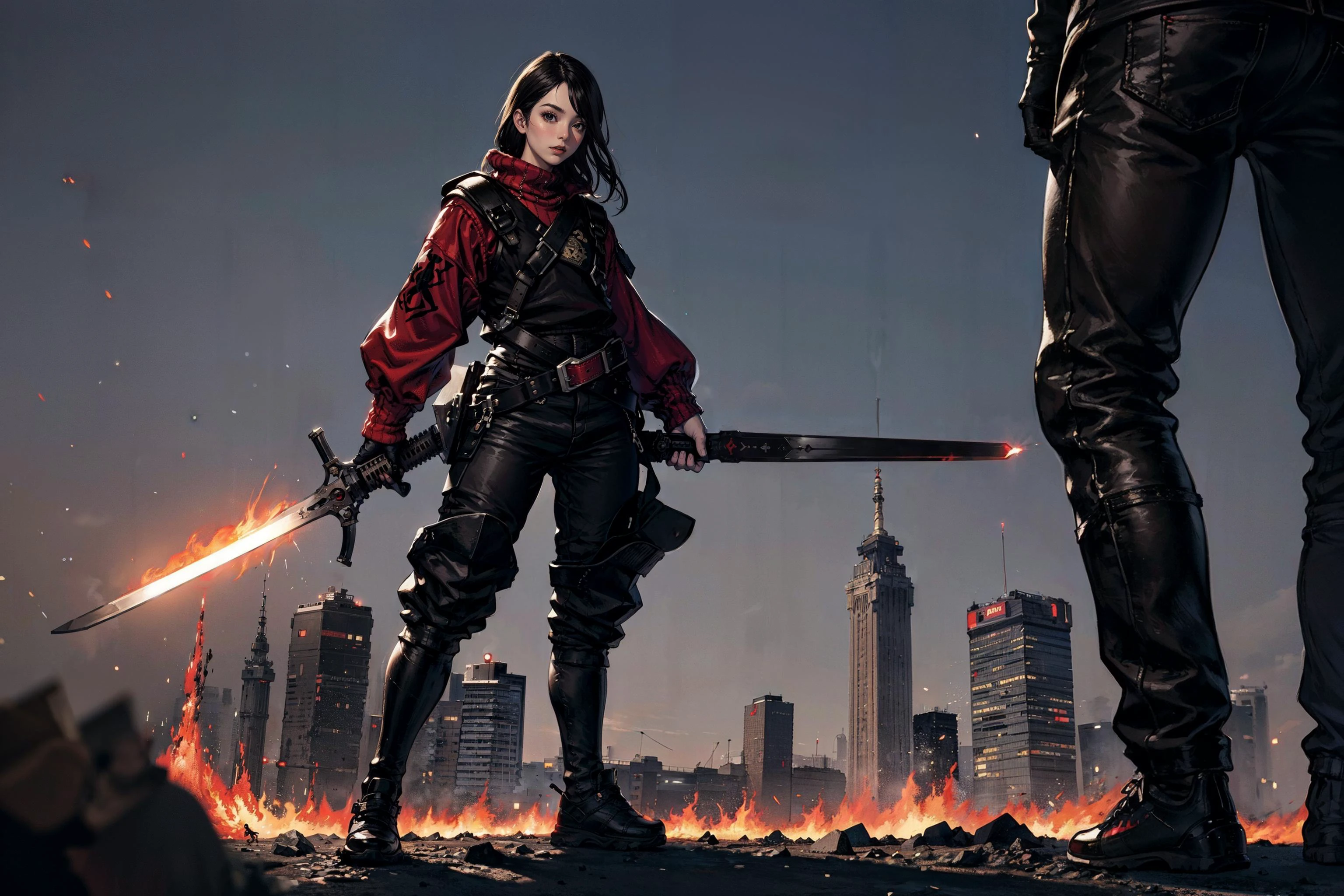 1girl, red_sweater, harness, black_pant, black_shoes, holding_sword, giant_monster in background, fire, smoke, sparkles, aura, power, magic, city,