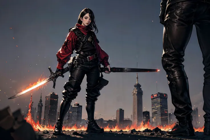 1girl, red_sweater, harness, black_pant, black_shoes, holding_sword, giant_monster in background, fire, smoke, sparkles, aura, power, magic, city,