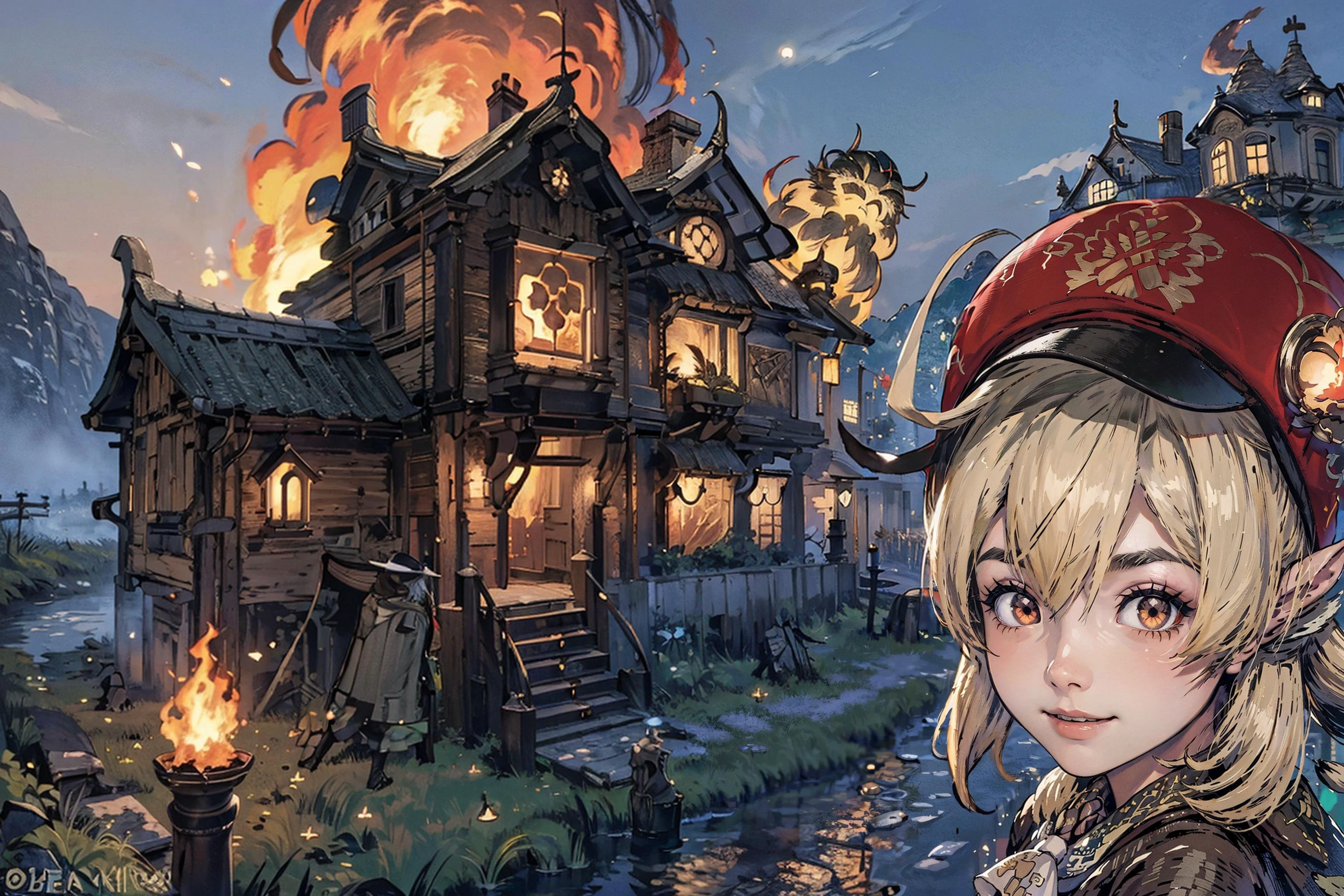 (masterpiece), (best quality:1.2), 1girl, klee (genshin impact), evil smile, house_burning in the background, fire, green plains, wooden house, red_eyes, blonde_hair, pointy ears, hat, <lora:klee:0.85>