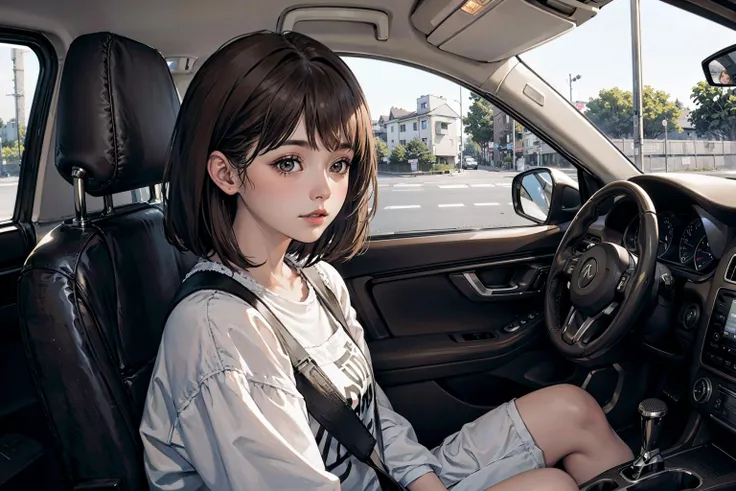 1girl, inside the car, from dashboard, cute girl, beautiful woman, brown_hair, bangs, cat as passenger,