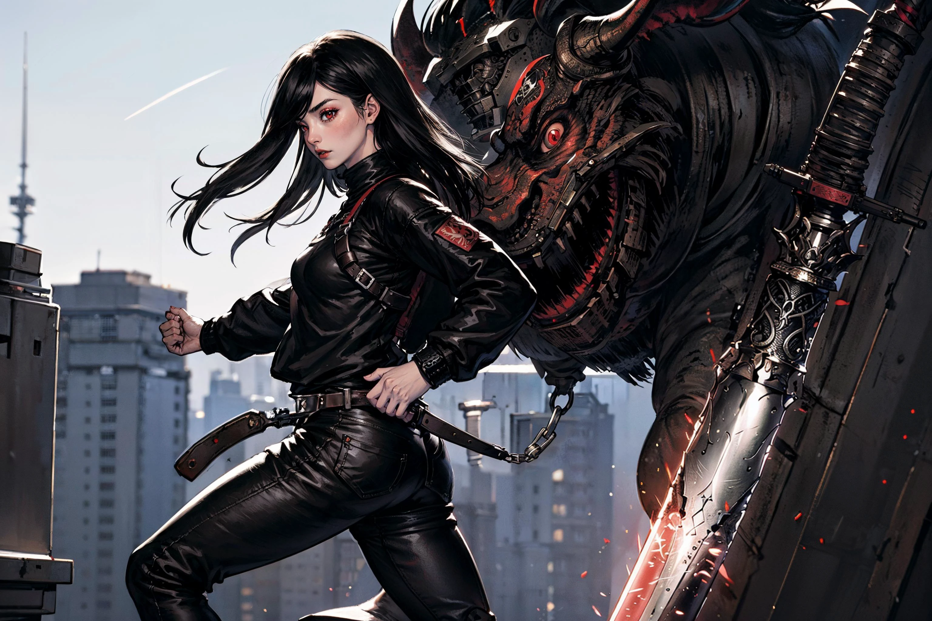 1girl, from side, black_hair, red_eyes, red_sweater, harness, black_pant, black_boots, sword, giant_monster_head in background, serious face,