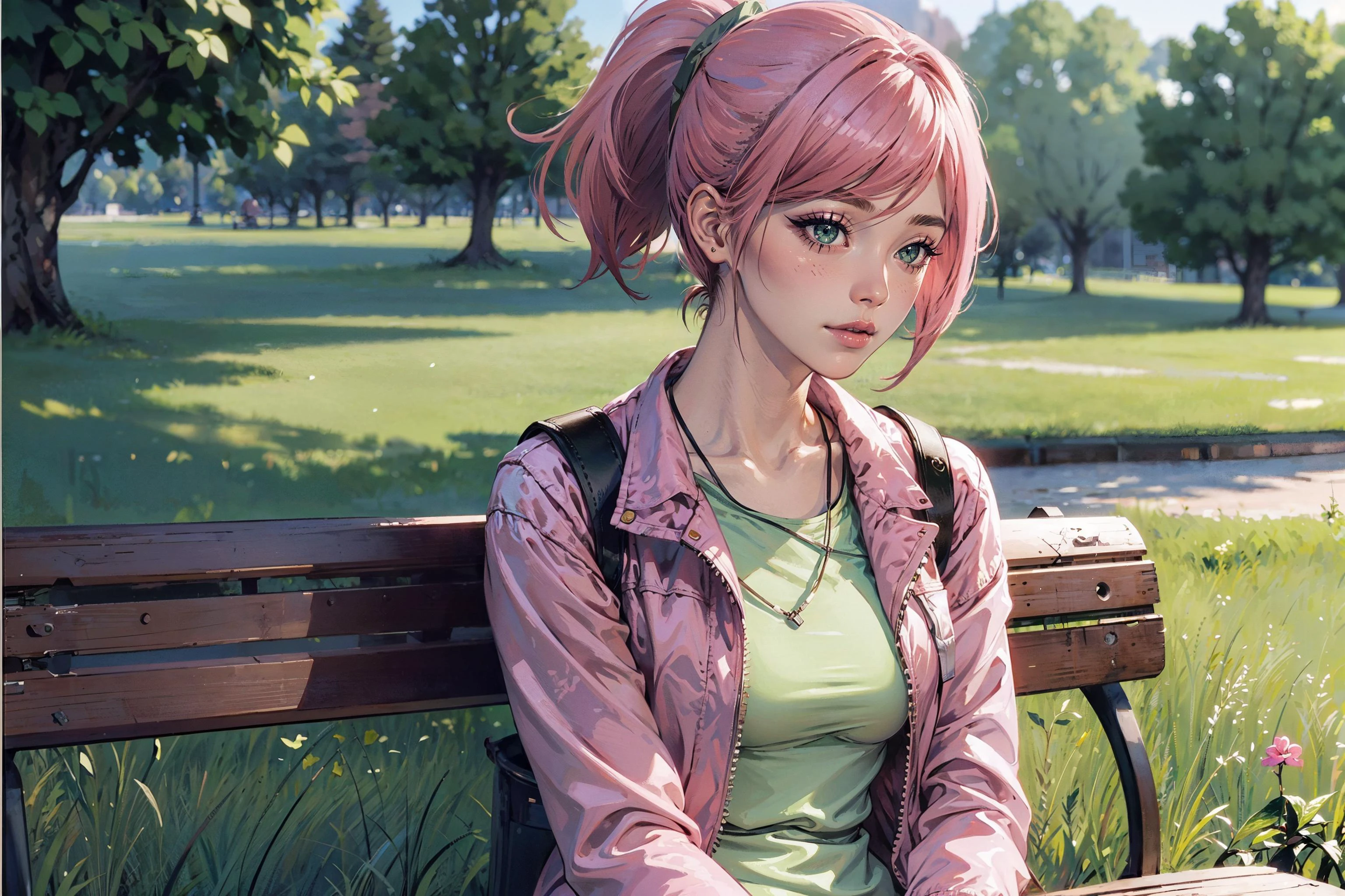 1girl, solo, portrait, pink hair, medium hair, ponytail, green eyes, long eyelashes, cute, beautiful face, woman, simple_background, green_background, pink dress, jacket, sitting on a bench, front,