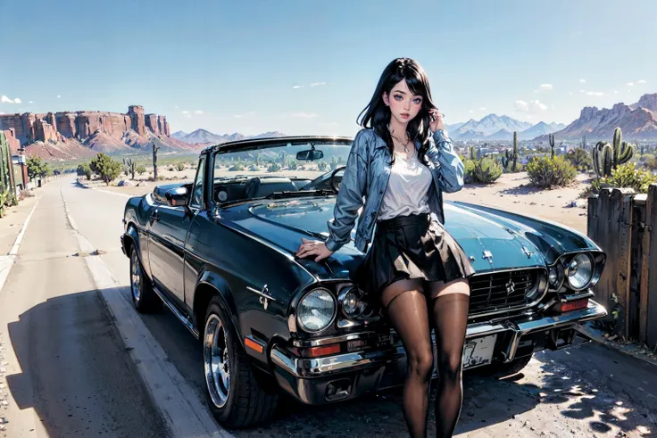 ((masterpiece)), ((best quality)), 1girl, black_hair, blue_eyes, shirt, skirt, tights, arizona_desert, lowrider, lowrider, convertible, car, blue_sky, cactus,