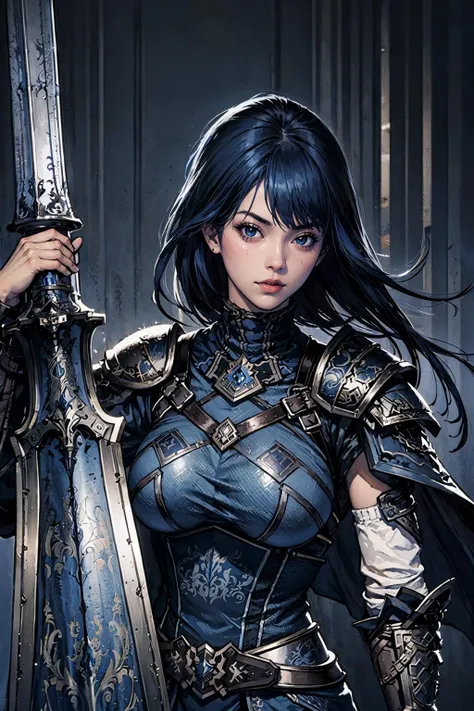 masterpiece, best quality, 1girl, portrait, upper body, dark_blue_hair, armor, huge weapon, weapon over shoulder, greatsword