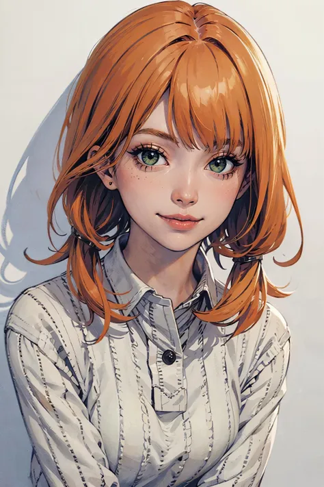 best quality, high detailed, masterpiece, 1girl, green_eyes, orange_hair, bangs, portrait, upper body, sweater, white_collared_shirt, cute, smirk