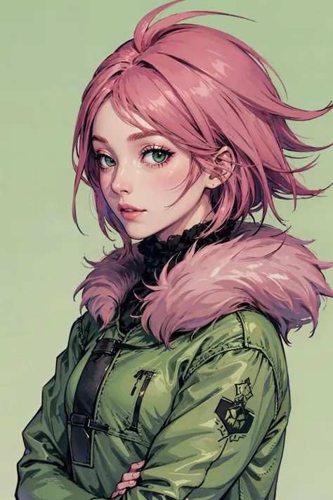 green_background, simple_background, 1girl, portrait, upper body, cute, pink_hair, green_eyes, green_fur coat,