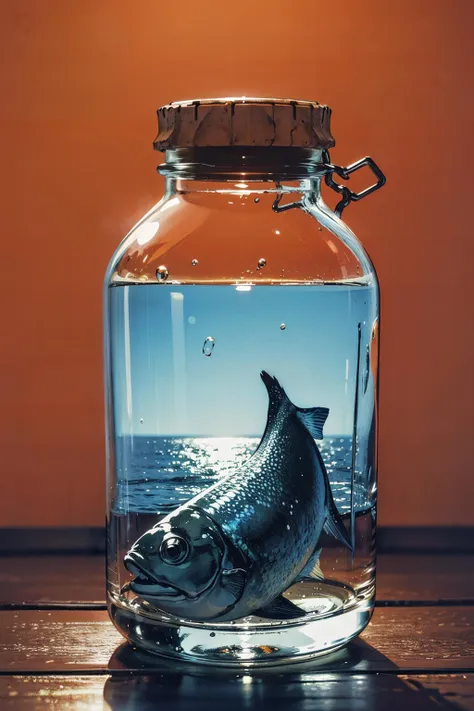 simple_background, orange_background, glass bottle, bottle fillded with water, fish inside bottle, ocean in bottle,