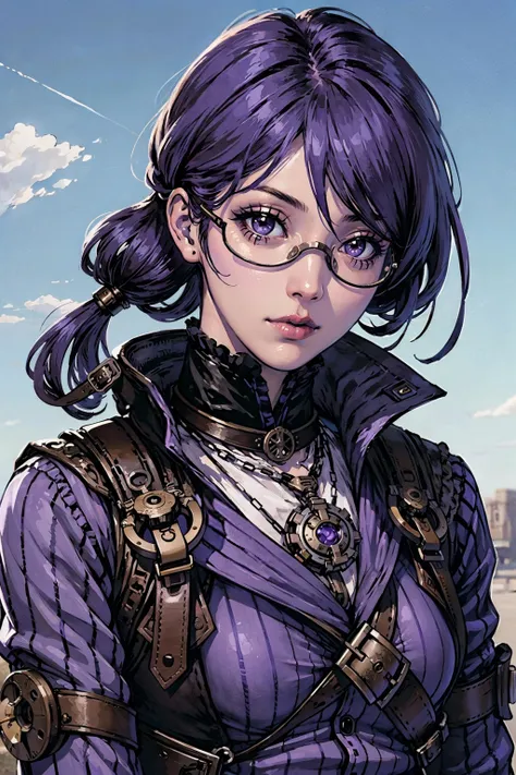 1girl, steampunk goggle, steampunk outfit, blue_sky, pipe, purple_hair, purple_eyes, portrait, upper body