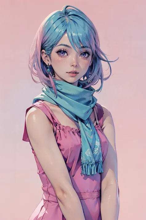 pink_background, simple_background, 1girl, portrait, upper body, looking at viewer, cute, aqua_hair, pink_eyes, aqua_dress, pink_scarf,