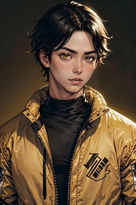 yellow_background, simple background, 1boy, man, portrait, upper body, dark skin, yellow_eyes, black_hair, furrowed eyebrows, yellow_jacket, black_shirt, looking at viewer,