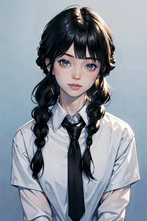 blue_background, simple background, 1girl, upper body, portrait, pale skin, black hair with an hint of yellow, multicolored hair, bangs, long_hair, braided_hair, blue_eyes, white_collared_shirt, black_tie, smirk, closed mouth,