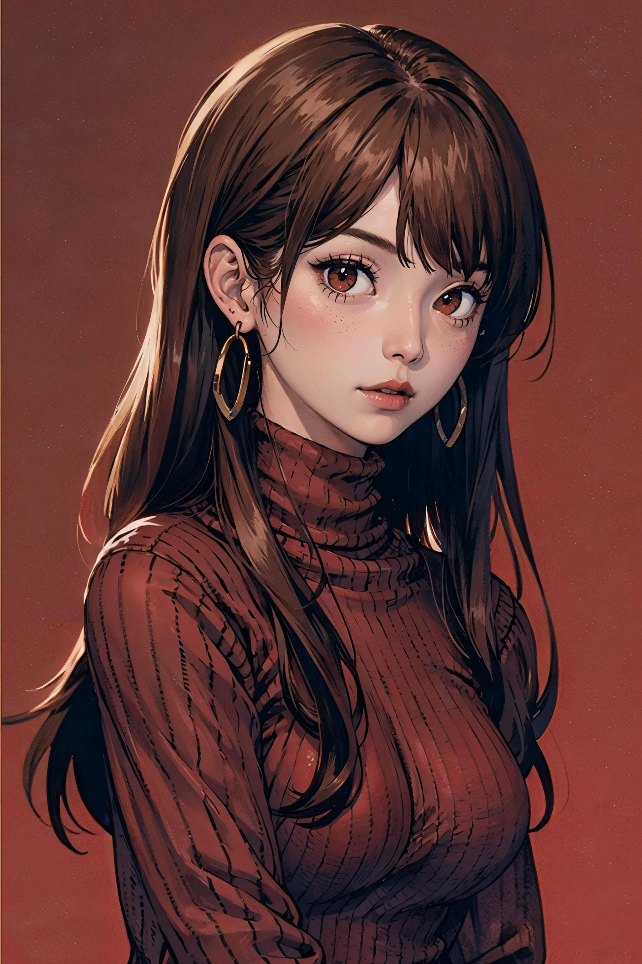 red_background, simple_background, 1girl, brown_hair, red_eyes, cute, long_hair, bangs, brown_turtleneck_sweater, collar, earrings,