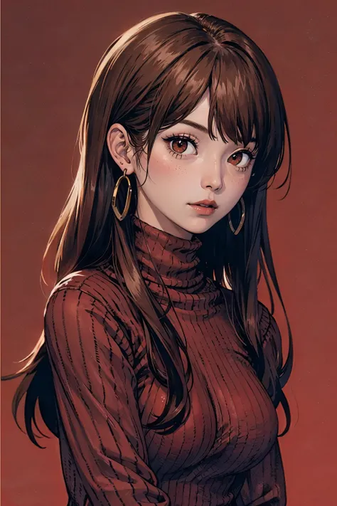 red_background, simple_background, 1girl, brown_hair, red_eyes, cute, long_hair, bangs, brown_turtleneck_sweater, collar, earrings,