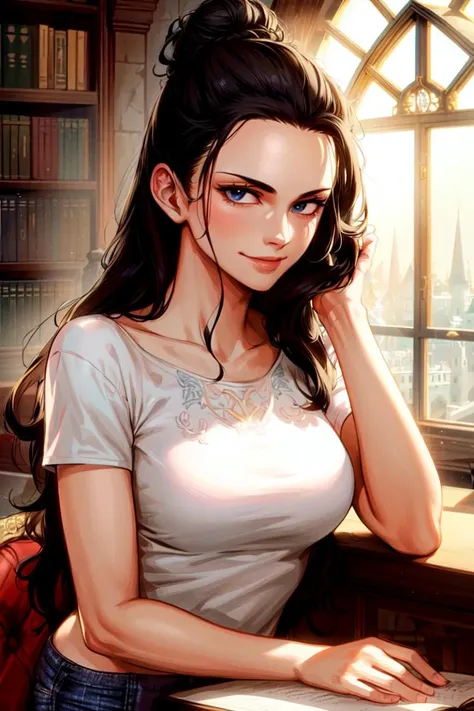 ultra realistic 8k cg, ((ultra detailed background, delicate pattern, intricate detail)), (highly detailed, fine details), best quality, (photorealistic:1.4),beautiful lighting, absurdres, RAW photo, film grain, ((medium breasts, slim girl, white T-shirt, jeans, hair in a bun, simple T-shirt)), NicoRobinV2, 1girl, black hair, long hair, solo, medium breasts, smile, sunglasses, blue eyes, eyewear on head, closed mouth, hair slicked back, jewelry, (complex detailed background, inside, castle room environment, medieval castle library, library, gray walls, window, bookshelf), ((close-up, portrait)),<lora:DetailTweaker:0.5>, <lora:NicoRobinV2:0.7>