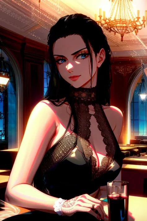 ultra realistic 8k cg, masterpiece, ((ultra detailed background, delicate pattern, intricate detail)), (highly detailed, fine details), best quality, 1girl, (photorealistic:1.4),beautiful lighting, absurdres, RAW photo, film grain, ((medium breasts, slim girl)), NicoRobinV2, 1girl, black hair, long hair, solo, medium breasts, smile, sunglasses, blue eyes, eyewear on head, cleavage, closed mouth, hair slicked back, jewelry, collarbone, (black dress, black clothing, expensive dress, jewelry, gloves), (complex detailed background, inside, restaurant environment, night, night time, amazing lighting, expensive interior, table, tasteful interior design, windows, chandelier, wine glass, wine bottle), ((bare shoulders)),
<lora:BeautifulDetailedEyes:0.7>, <lora:DetailTweaker:0.5>, <lora:NicoRobinV210:0.8>