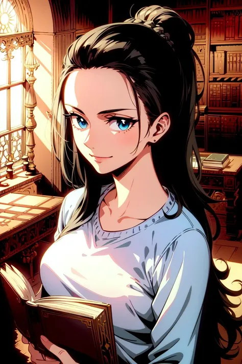 masterpiece, ((ultra detailed background, delicate pattern, intricate detail)), (highly detailed, fine details), best quality, beautiful lighting,((medium breasts, slim girl)), white T-shirt, jeans, hair in a bun, simple T-shirt, NicoRobinV2, 1girl, black hair, long hair, solo, medium breasts, smile, sunglasses, blue eyes, eyewear on head, closed mouth, hair slicked back, jewelry, (complex detailed background, inside, castle room environment, medieval castle library, library, gray walls, window, bookshelf), ((portrait, holding closed book)), <lora:NicoRobinV3Eight:0.75>
