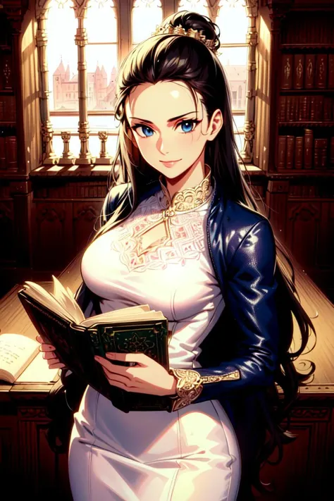 masterpiece, ((ultra detailed background, delicate pattern, intricate detail)), (highly detailed, fine details), best quality, beautiful lighting,((medium breasts, slim girl)), white T-shirt, jeans, hair in a bun, simple T-shirt, NicoRobinV2, 1girl, black hair, long hair, solo, medium breasts, smile, sunglasses, blue eyes, eyewear on head, closed mouth, hair slicked back, jewelry, (complex detailed background, inside, castle room environment, medieval castle library, library, gray walls, window, bookshelf), ((portrait, holding closed book)), <lora:NicoRobinV3Eight:0.75>