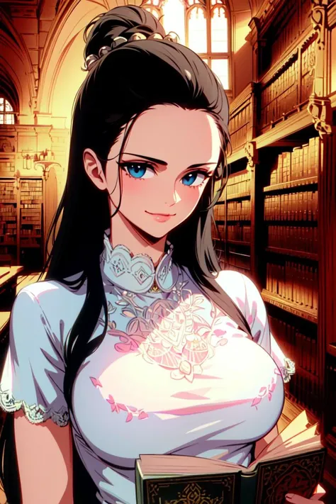 masterpiece, ((ultra detailed background, delicate pattern, intricate detail)), (highly detailed, fine details), best quality, beautiful lighting,((medium breasts, slim girl)), white T-shirt, jeans, hair in a bun, simple T-shirt, NicoRobinV2, 1girl, black hair, long hair, solo, medium breasts, smile, sunglasses, blue eyes, eyewear on head, closed mouth, hair slicked back, jewelry, (complex detailed background, inside, castle room environment, medieval castle library, library, gray walls, window, bookshelf), ((portrait, holding closed book)), <lora:NicoRobinV3Eight:0.75>