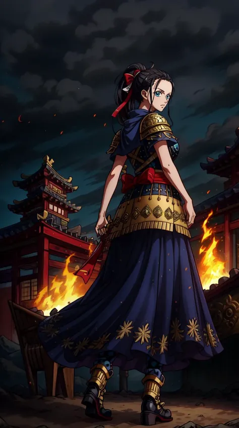 1girl,nico robin,NicoRobinV3,black hair,long hair,blue eyes,ponytail,high ponytail,red ribbon,long skirt,perfect figure,  <lora:NicoRobinV3:0.75>, an illustration in the art-style of <lora:wanostyle_2_offset:0.8>,(wanostyle),One Piece,Eiichiro Oda,Toei Animation,((Masterpiece)),(best quality:1),(highly detailed:1),full body,heroic pose,standing with back to the camera,looking back at viewer,stoic expression, eaba,epic,armor,armored boots,<lora:EABA_v02:1>, best quality, masterpiece, hires, original, extremely detailed wallpaper, perfect lighting,(extremely detailed CG:1.2),8k,intricate detail,trending on artstation,digital art,, <lora:add_detail:0.5>,detailed,8k,, battlefield background,open planes background,epic lighting,fire in the background,epic background,burning chinese city in background,battle