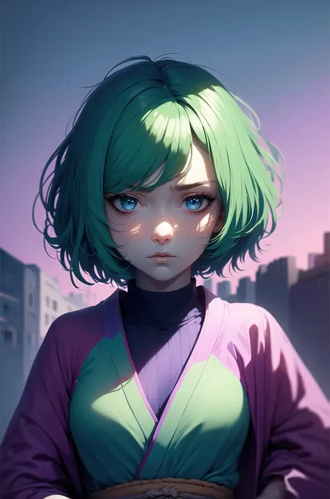 (masterpiece), best quality, 1girl, abstract, powerful, (purple short kimono), blue Turtleneck, upper body, face, upset, showy, hands on hips, blue eyes, green hair, landscape with Contrast of Visual Weight arena <lora:S12 ohwx Adan_18000:0.75>